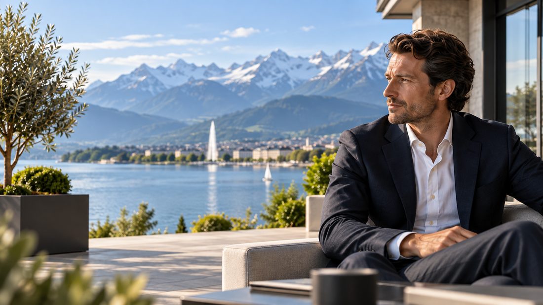Business owner in Geneva, facing Lake Geneva and the Alps